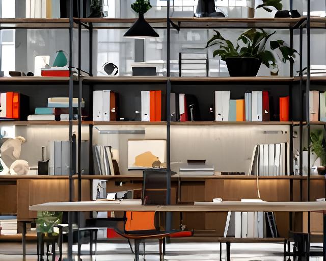 Elegantes Büroregal aus pulverbeschichtetem Stahl und Holz mit Büchern und Ordnern in einem ruhigen Arbeitsraum