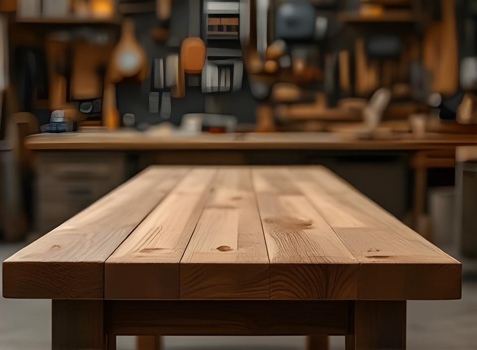 Handgefertigter Holztisch in einer Zürcher Werkstatt mit geordneten Werkzeugen und warmem Licht