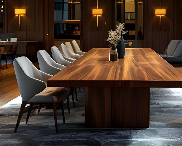 Massiver Esstisch aus Nussbaum mit fein gearbeiteten Stühlen in einem eleganten Esszimmer