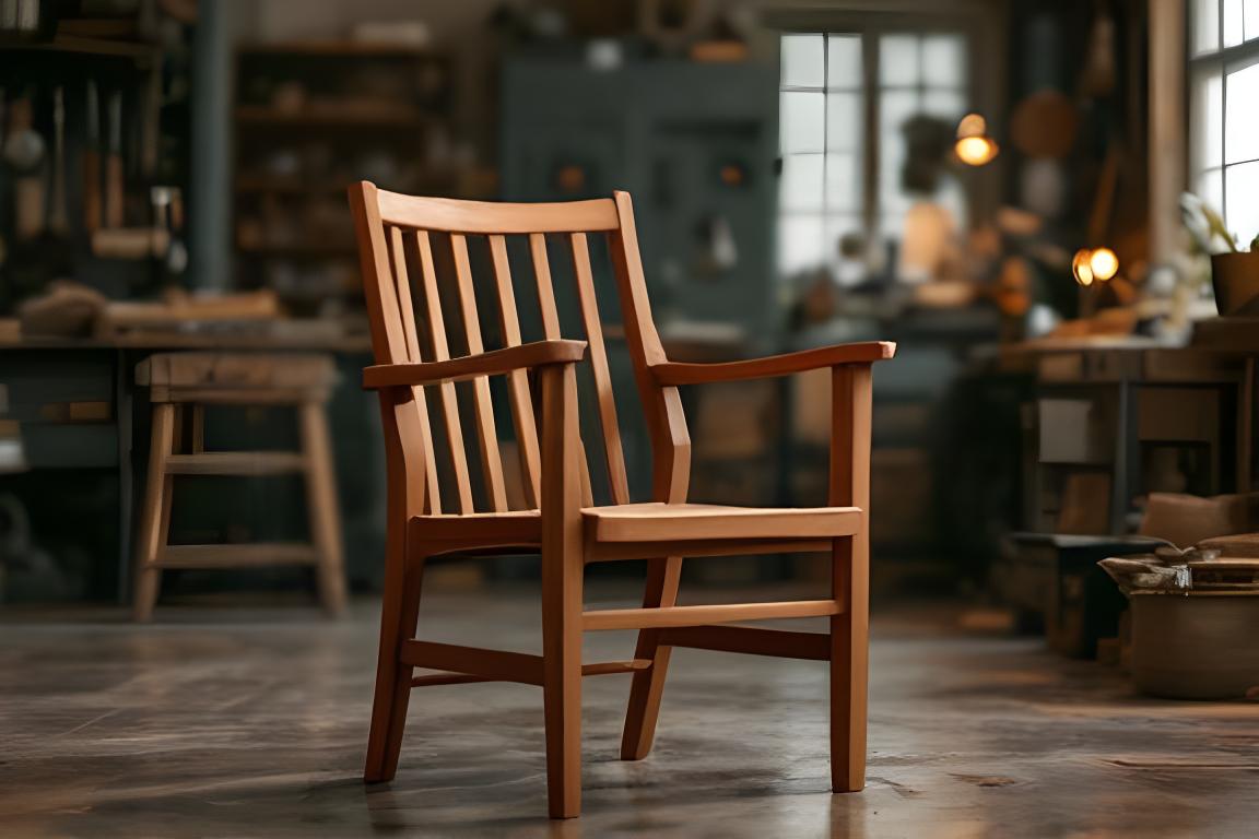 Restaurierter Stuhl in einer Zürcher Werkstatt mit warmem Licht und sichtbar aufgearbeiteter Holzmaserung
