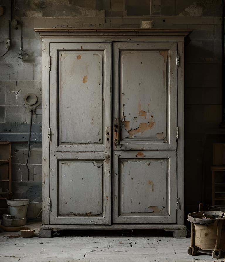 Abgenutzter alter Bauernschrank mit matten Flächen, Gebrauchsspuren und sichtbaren Schäden vor der Restaurierung