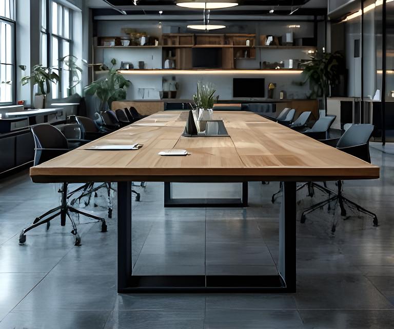 Massgefertigter Konferenztisch aus Holz und schwarzem Metall in einem modernen Startup-Büro mit klarer Lichtführung