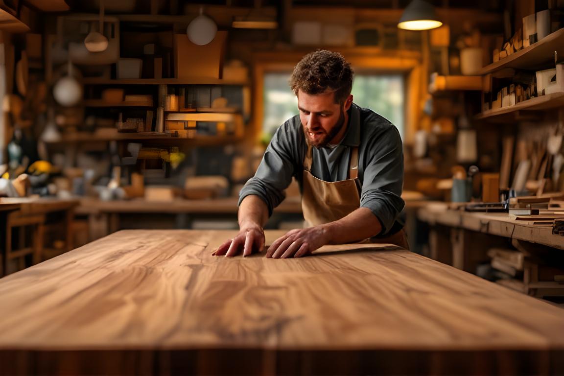 Handwerker in einer warm beleuchteten Werkstatt beim Veredeln eines massiven Holzmöbels