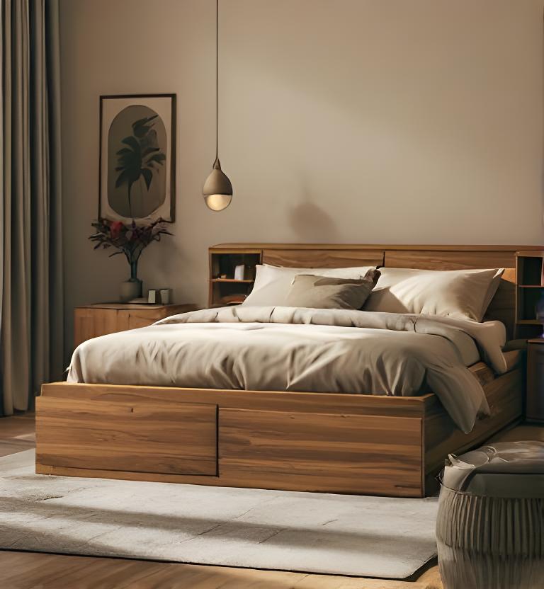 Massivholzbett mit integriertem Stauraum, geölter Oberfläche und zurückhaltender Linienführung in einem ruhigen Schlafzimmer