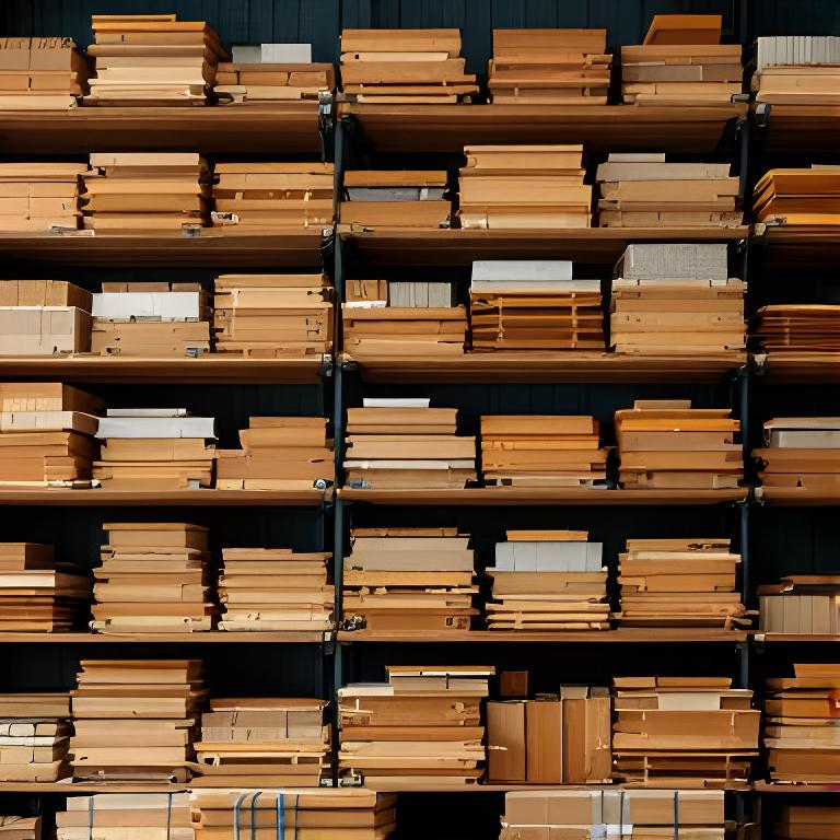 Reihen von Holzregalen mit Brettern und geölten Möbelteilen in der Werkstatt