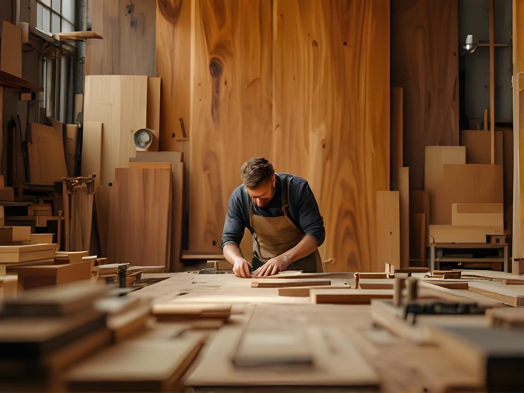 Schreinermeister in einer Zürcher Werkstatt mit warmem Licht und massiven Holzplatten