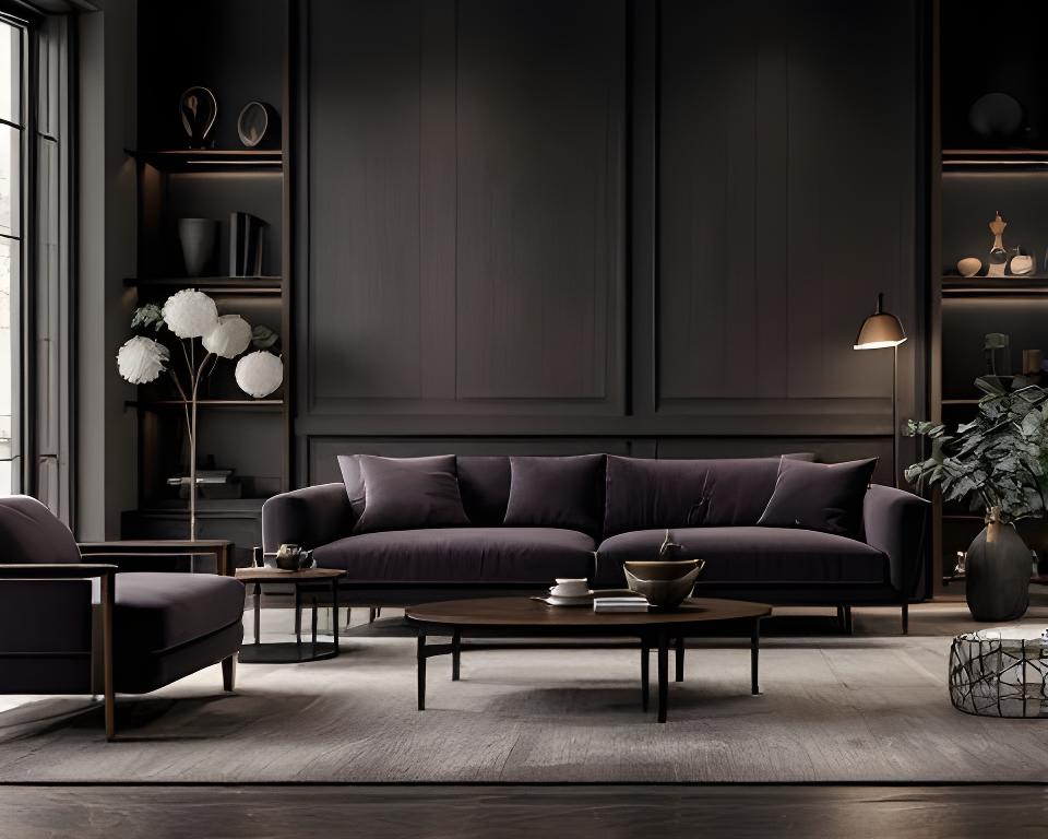 Handgefertigte Wohnmöbel in einem eleganten Zürcher Showroom mit warmem Licht und dunklem Eichenholz