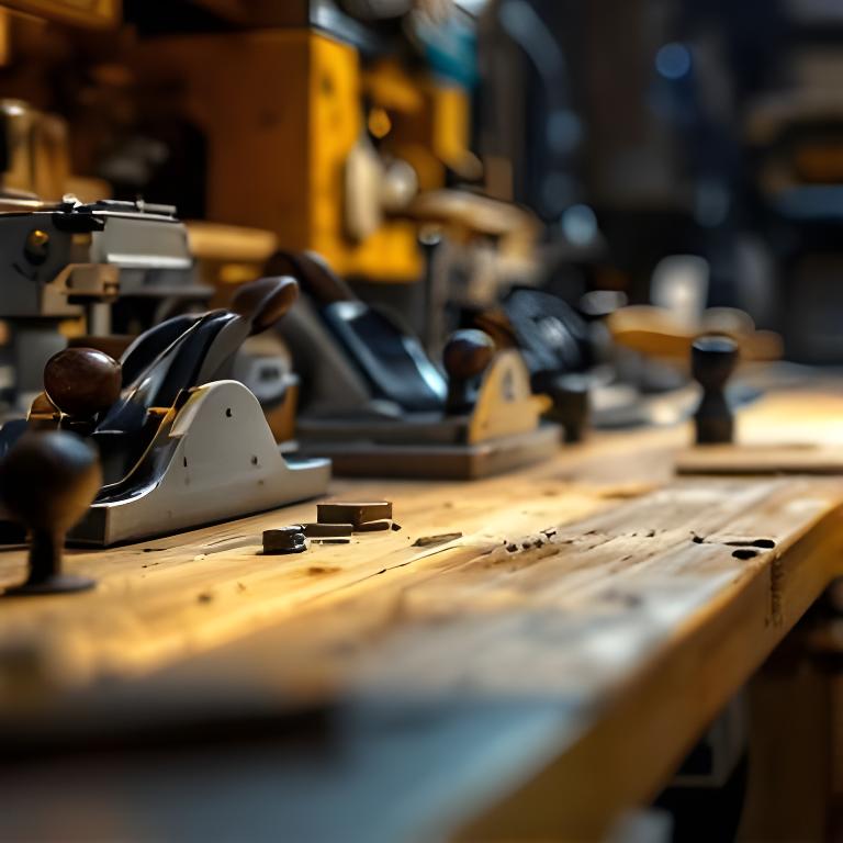 Hobelmaschinen und Werkzeug an einer ordentlich beleuchteten Holzwerkbank